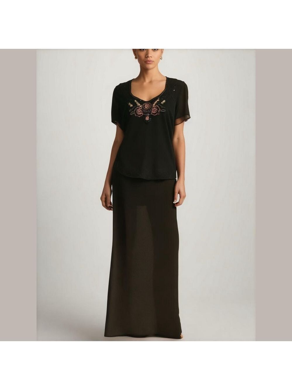 NWOT 80s POSITIVE ATTITUDE MINIMALIST FLORAL BEADED DESIGN SCOOP NECK MAXI DRESS